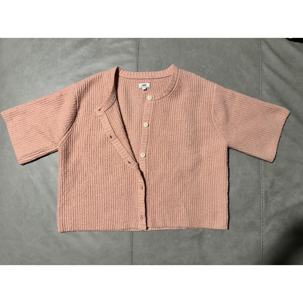 Aerie Unreal Short Sleeve Pink Ribbed Knit Button Front Cardigan L